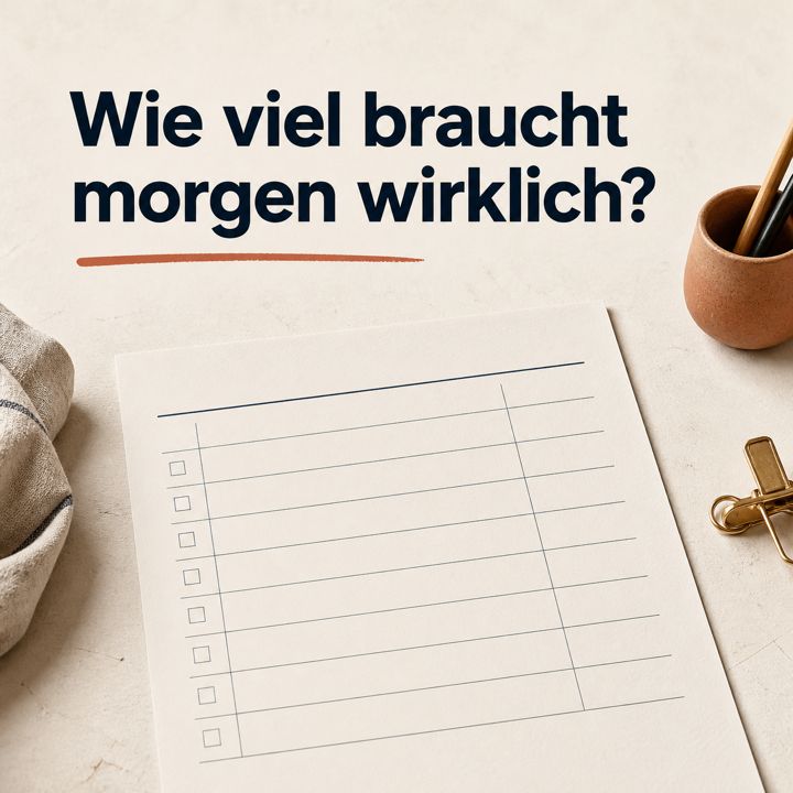Leerer Backzettel mit der Frage: Wie viel braucht morgen wirklich?