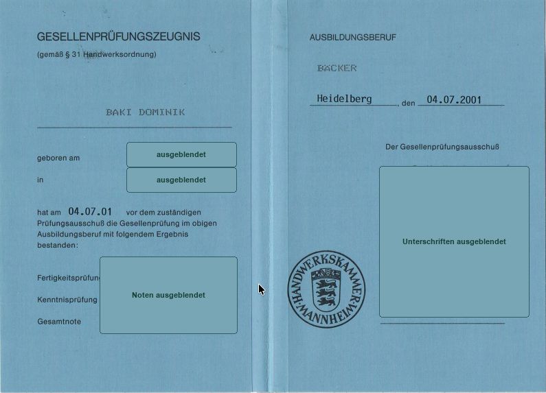 Gesellenprüfungszeugnis im Ausbildungsberuf Bäcker, Prüfung am 04.07.2001, Siegel der Handwerkskammer Mannheim