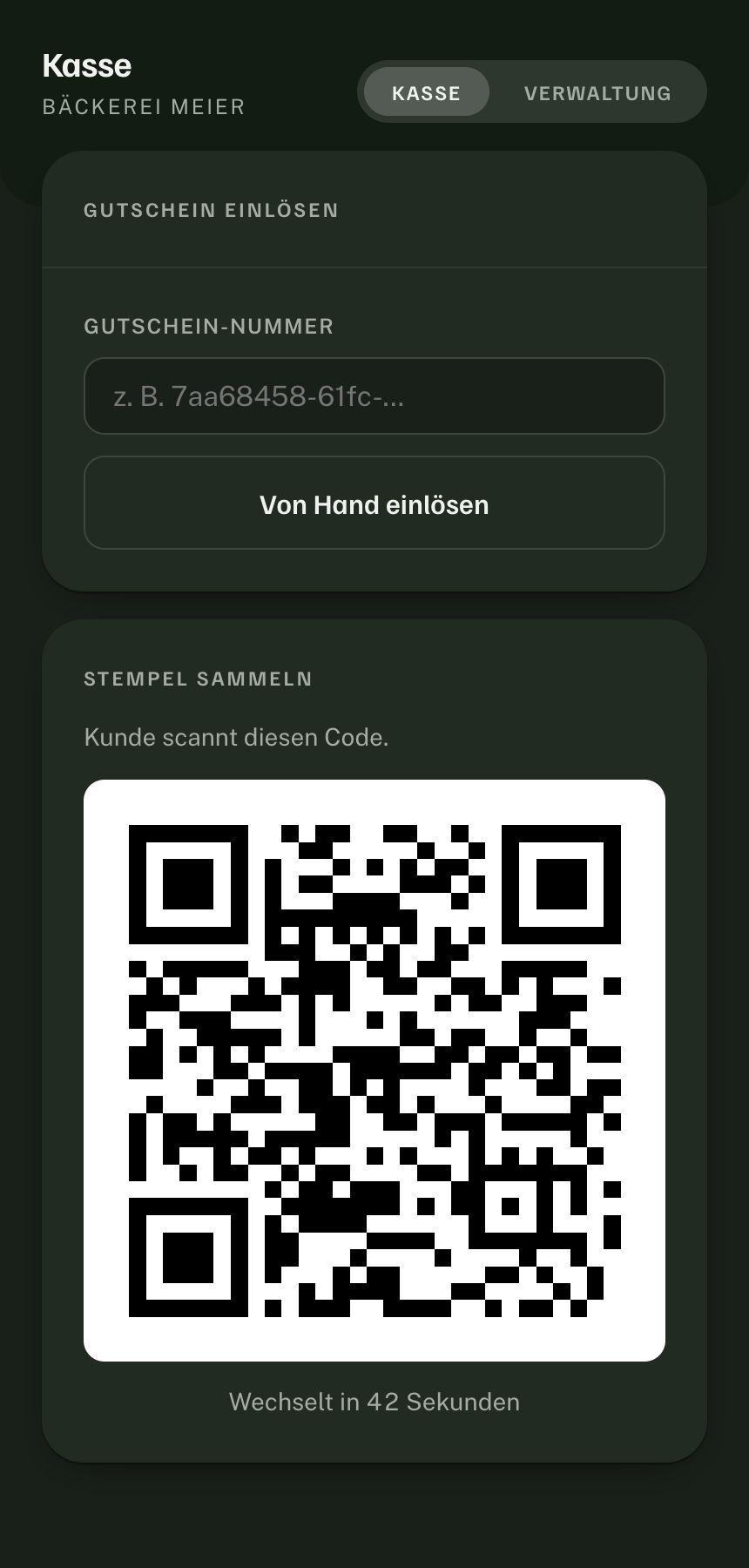 Kassenansicht: Feld zum Einlösen einer Gutschein-Nummer und darunter der Tresen-QR-Code mit dem Hinweis, dass er in 42 Sekunden wechselt.