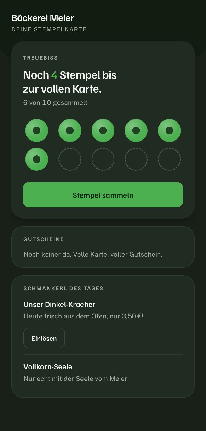 Stempelkarte im Browser: sechs von zehn Feldern gefüllt, Schaltfläche „Stempel sammeln“, darunter Gutscheine und zwei Tagesangebote.