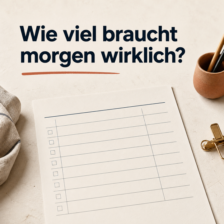 Leerer Backzettel mit der Frage: Wie viel braucht morgen wirklich?